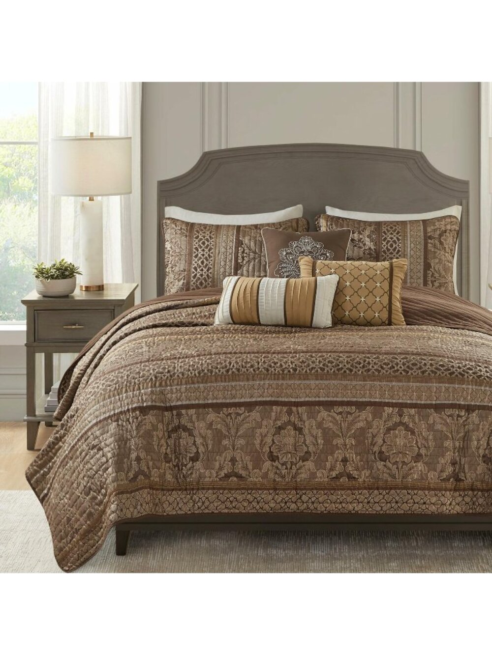 Madison Park Bellagio Jacquard 6 Piece Full Queen Quilt Set Brown Gold MSRP $320
